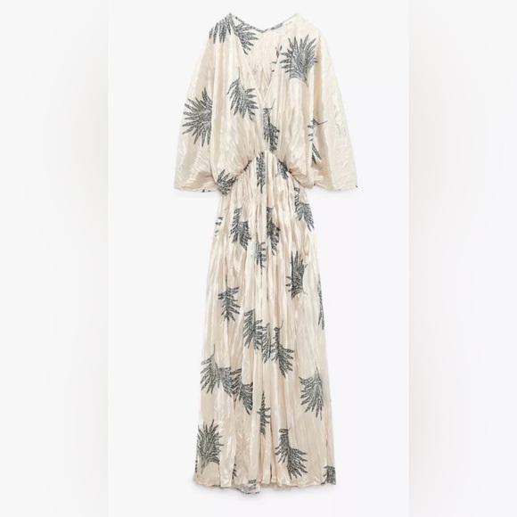 ZARA Wrinkled‎ Effect Printed Satin Maxi Dress in Ecru & Sage Green Size Medium - Picture 7 of 16